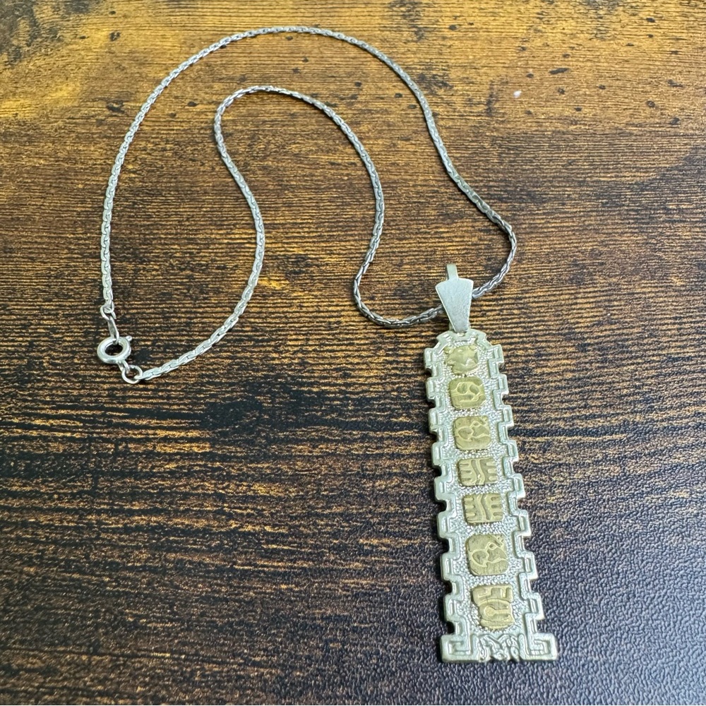 Lapis Egyptian Cartouche Style Pendant Necklace Silver and Gold Tone 18 Inch